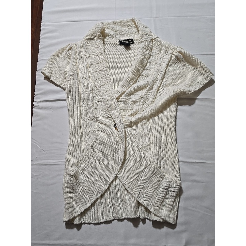 Vintage Pink Angel Women's Large Cable Knit Short Sleeve Sweater Ivory Cardigan